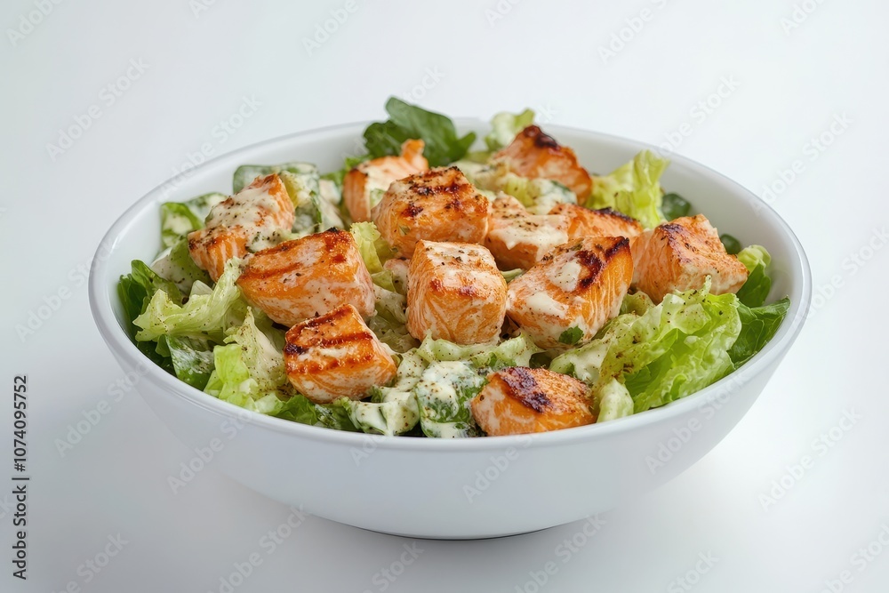 Close up of a traditional Caesar salad featuring grilled salmon on a white backdrop Close up of a traditional Caesar salad featuring grilled salmon on a white backdrop