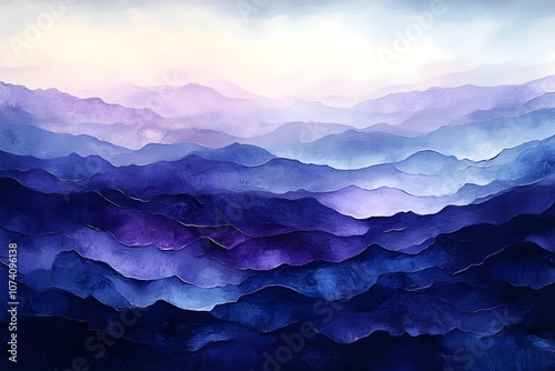 A serene landscape of rolling hills in deep shades of blue and purple, evoking a sense of tranquility and calmness, under a soft, pastel sky.