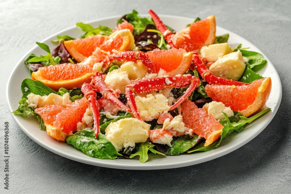 Colorful salad featuring grapefruit cheese and crab sticks on a white plate against a gray backdrop Colorful salad featuring grapefruit cheese and crab sticks on a white plate against a gray backdrop