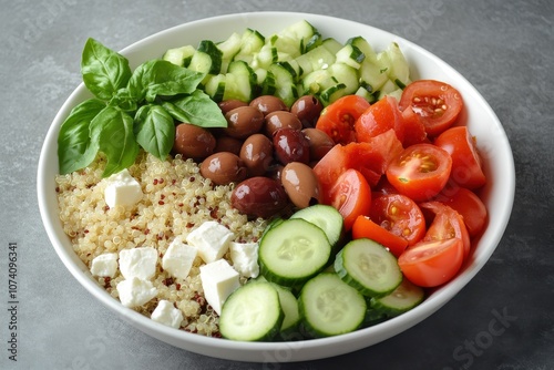 Colorful nutritious salad bowl featuring quinoa cucumber tomatoes feta olives and basil on a gray backdrop in a white dish Overhead view