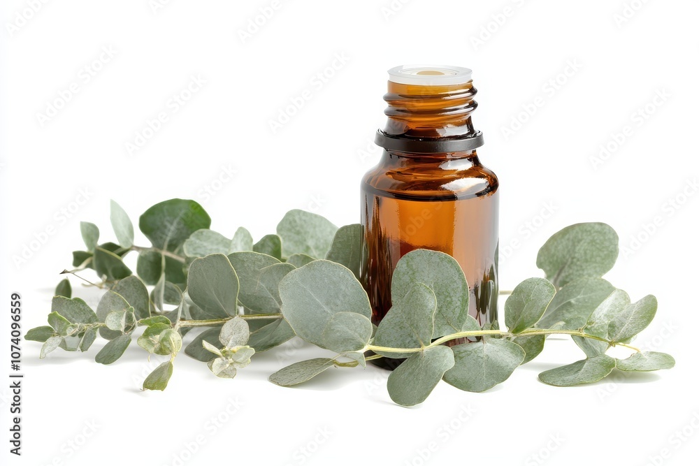 Container of eucalyptus oil and plant stems on white backdrop Container of eucalyptus oil and plant stems on white backdrop