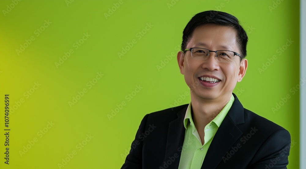 Smiling Man in Black Blazer Against Green Background Smiling Man in Black Blazer Against Green Background