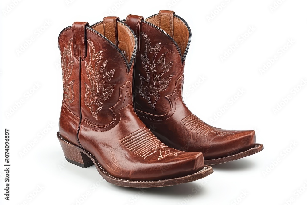 Cowboy hat and leather boots set against a white backdrop with clipping path Cowboy hat and leather boots set against a white backdrop with clipping path