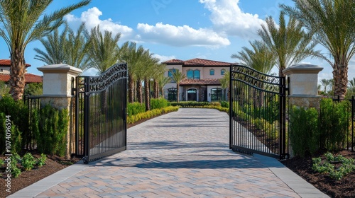 Wallpaper Mural Luxury Home with Ornate Iron Gates and Palm Trees Torontodigital.ca