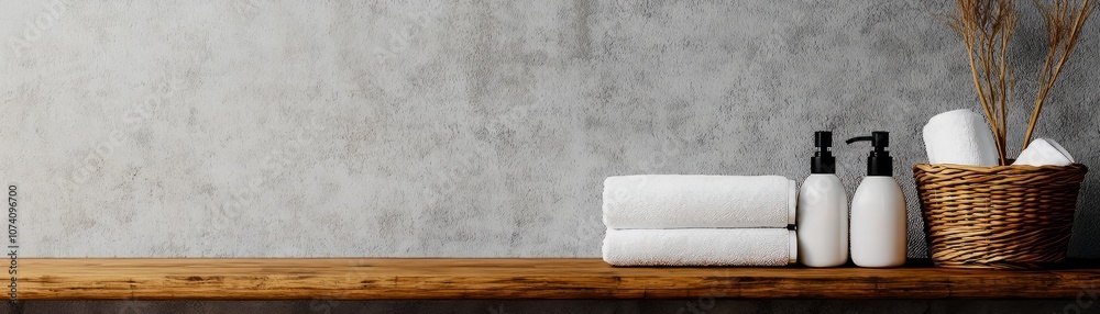Stylish bathroom shelf with towels, bottles, and a basket for a modern home decor. Stylish bathroom shelf with towels, bottles, and a basket for a modern home decor.