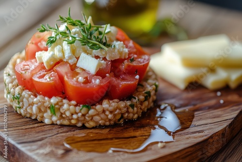 Cretan dakos is a traditional salad made with barley rusk tomatoes cheese and olive oil presented on a wooden board photo