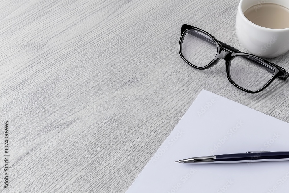 Fototapeta premium White Surface with Pen, Glasses, and Paper