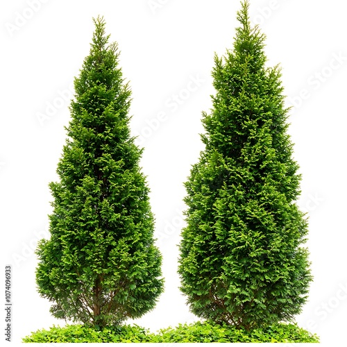 Arborvitaes isolated on a with a white background, close up photo