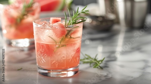 A refreshing watermelon mocktail is garnished with a sprig of rosemary adding a touch of aroma and elegance to the morning ritual. photo