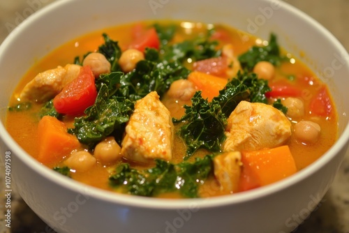 Curried soup featuring sweet potato kale chickpeas red pepper and chicken