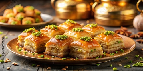 Exquisite Display of Turkish Baklava: A Culinary Delight Showcasing Layers of Filo Pastry, Nuts, and Sweet Syrup Perfect for Food Photography and Gastronomic Inspiration