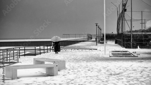 Foto A Peaceful Seaside Landscape Covered in Snow After a Winter Storm