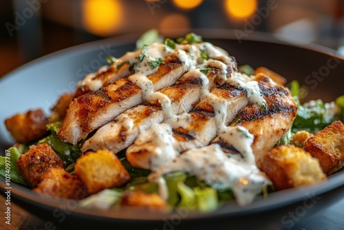 Detail shot of Caesar salad featuring grilled chicken croutons and creamy dressing photo