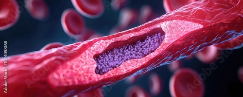 Detailed illustration of blood vessel with blood cells on isolated background. photo