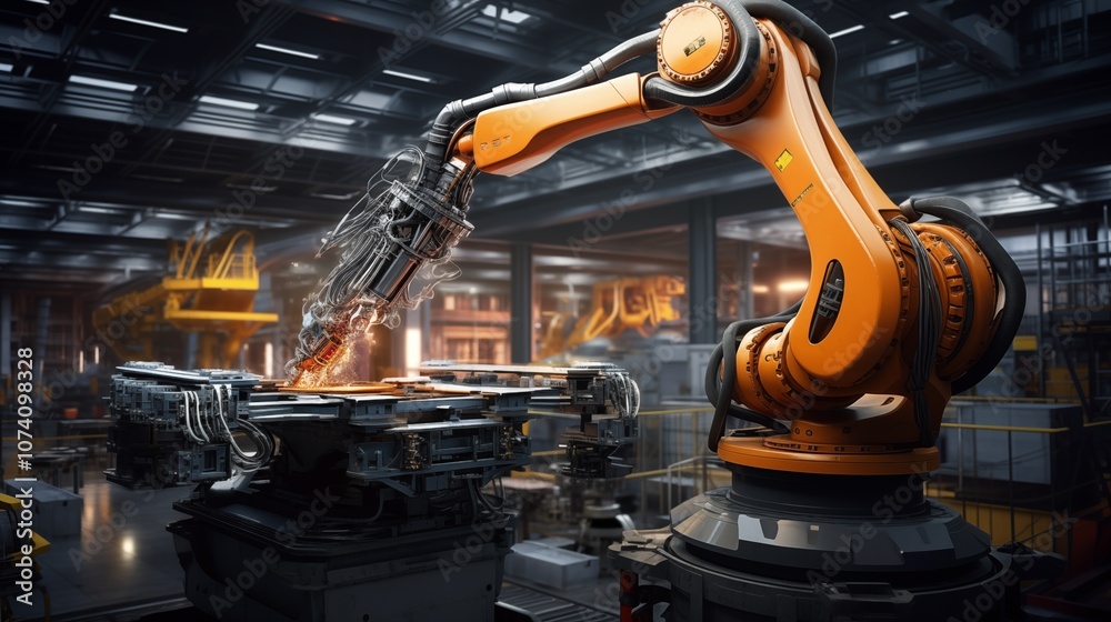 A robotic arm assembling complex machinery in a high-tech manufacturing facility.generative ai illustration A robotic arm assembling complex machinery in a high-tech manufacturing facility.generative ai illustration