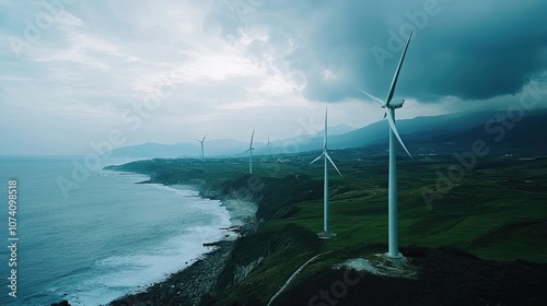 Wind Turbines on a Coastal Cliff with a Cloudy Sky photo