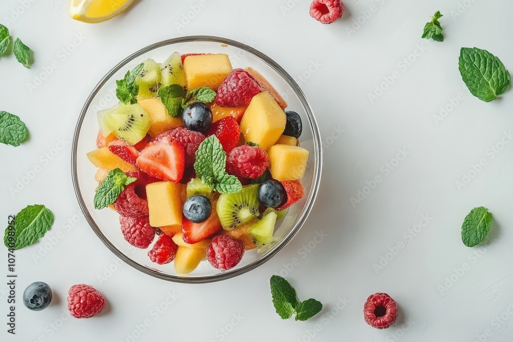 Fresh mixed fruit salad in a bowl on a white background Fresh mixed fruit salad in a bowl on a white background