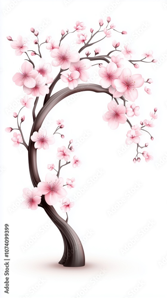 Fototapeta premium A beautiful cherry blossom tree illustration with pink flowers on a white background.