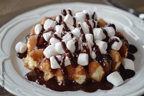 Funnel cake topped with chocolate and marshmallows on the boardwalk photo