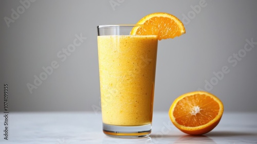 A refreshing orange smoothie in a glass garnished with a slice of orange, showcasing a vibrant yellow color.