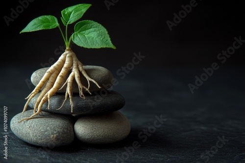 Ginseng roots shown with stones against a dark backdrop This plant has anti inflammatory properties that may lessen inflammation