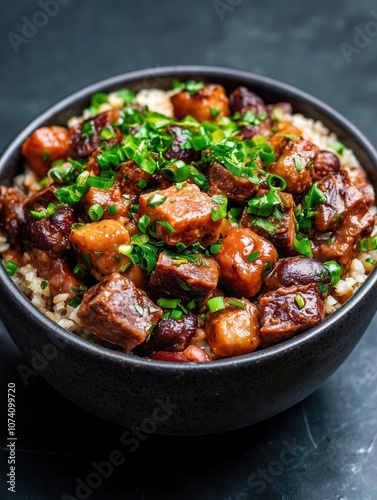 A hearty bowl filled with a savory stew of tender beef chunks, assorted beans, vegetables, and rice, garnished with chopped green onions.