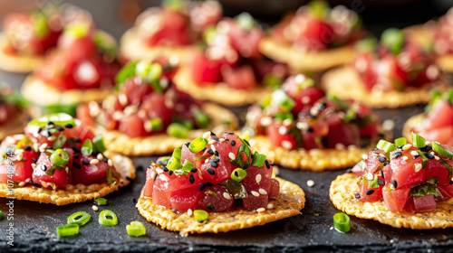 Wallpaper Mural Crispy tostada canap   topped with fresh tuna tartare and garnished with sesame seeds Torontodigital.ca