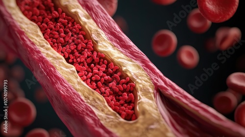 Close-up view of a blood vessel with red blood cells in motion, dark background. photo