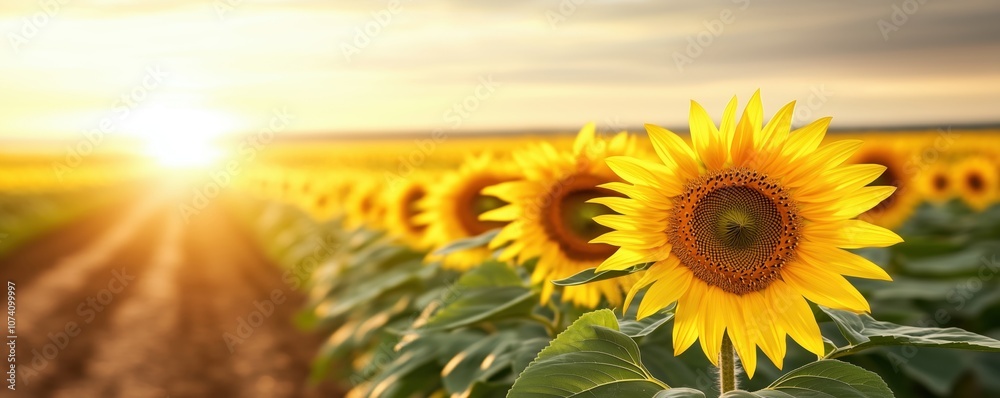 Obraz premium A vibrant field of sunflowers basking in golden sunlight during early morning, creating a serene landscape.