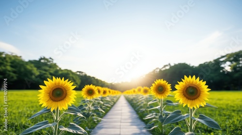A vibrant field of sunflowers basking in the sunlight, creating a beautiful pathway to nature's serenity.