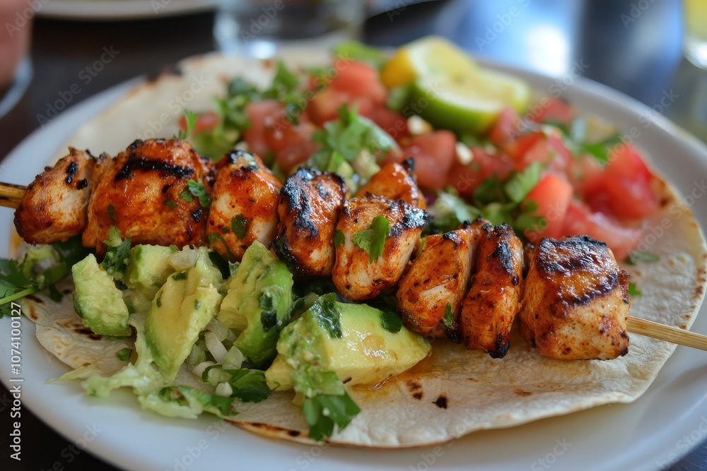 Grilled chicken skewers with salad wrapped in tortillas Grilled chicken skewers with salad wrapped in tortillas