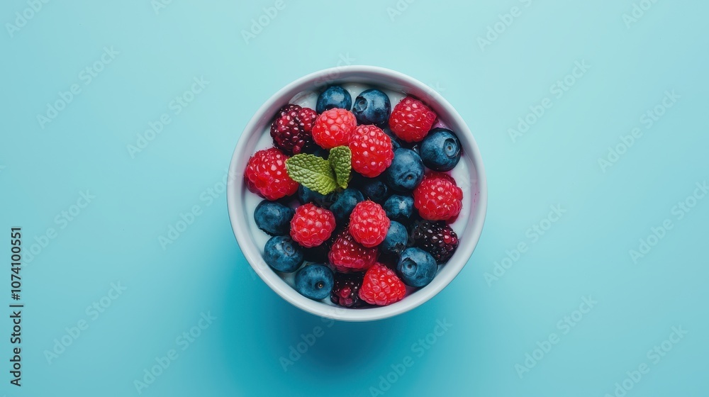 Fresh berries in a bowl, featuring vibrant red raspberries and blue blueberries, garnished with a mint leaf against a light blue background. Fresh berries in a bowl, featuring vibrant red raspberries and blue blueberries, garnished with a mint leaf against a light blue background.