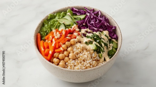 A colorful bowl features fresh vegetables, chickpeas, and grains, drizzled with a creamy sauce, representing a nutritious meal.