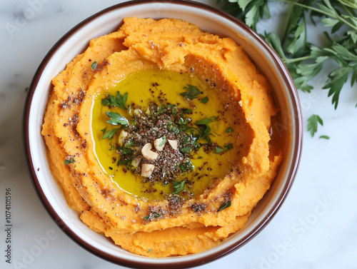 creamy sweet potato dip with cashew dukkah and olive oil, top view
 photo