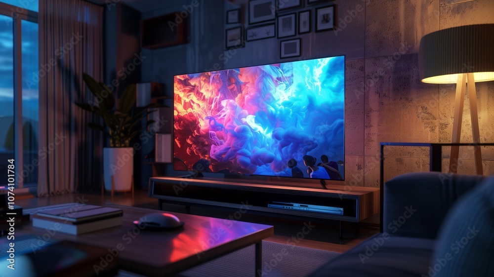 A sleek LED TV in a cozy living room, displaying a stunning sunset over a seren A sleek LED TV in a cozy living room, displaying a stunning sunset over a seren