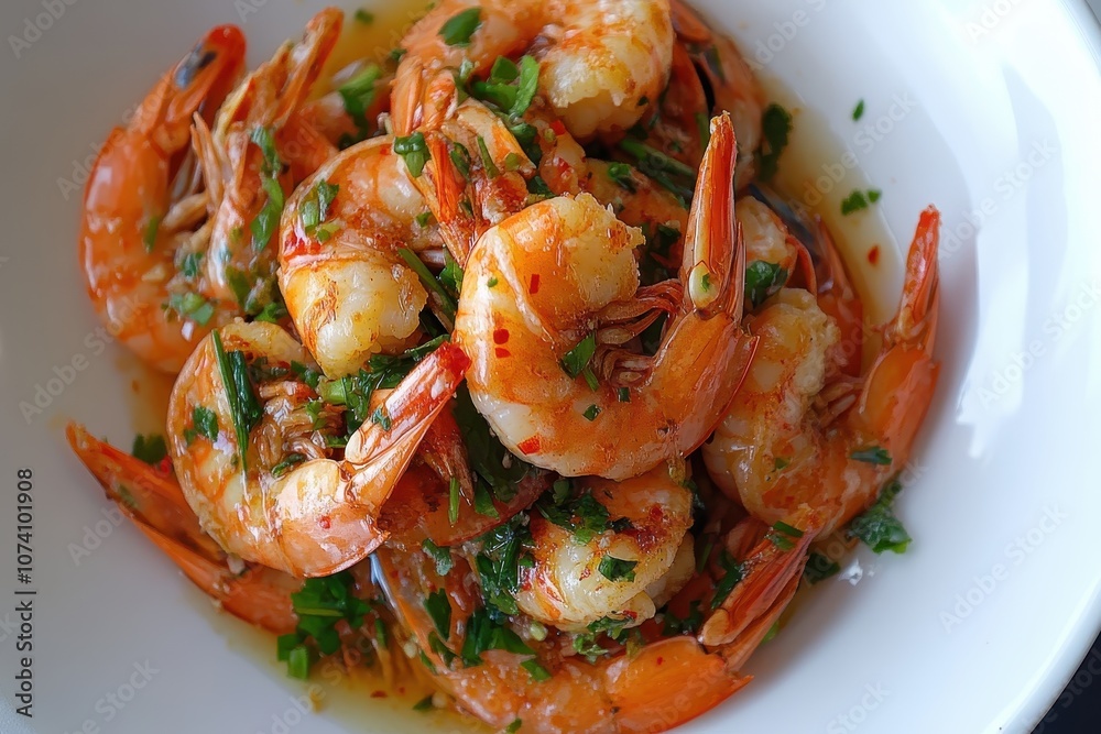 Lemongrass shrimp salad in chili lime sauce on a white plate viewed from above Lemongrass shrimp salad in chili lime sauce on a white plate viewed from above