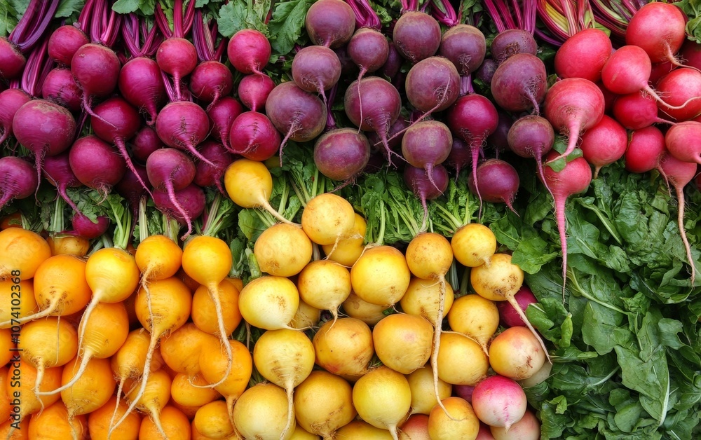A selection of rare vegetable varieties, from golden beets to rainbow radishes, creating a colorful, exotic display A selection of rare vegetable varieties, from golden beets to rainbow radishes, creating a colorful, exotic display