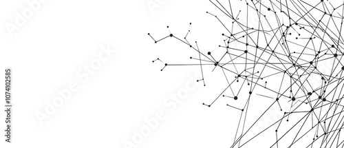 An abstract composition featuring intricate black lines and nodes against a white background, creating a sense of connectivity and modern design.