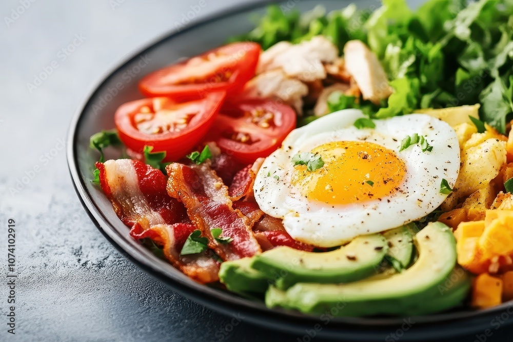 Nutritious Cobb salad with egg bacon avocado chicken and tomato suitable for a low carb keto diet Nutritious Cobb salad with egg bacon avocado chicken and tomato suitable for a low carb keto diet