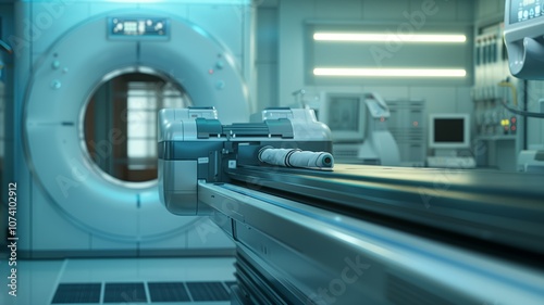 High-tech medical imaging scanner in a modern hospital setting with illuminated details