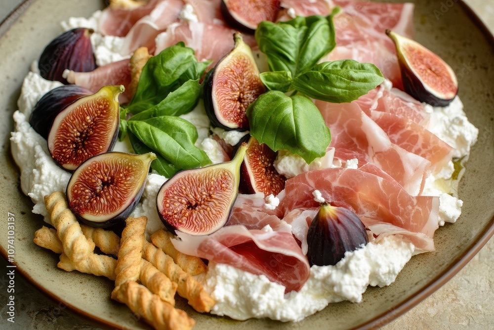 Olive plate featuring ricotta figs prosciutto grissini and basil top down closeup on a light stone background