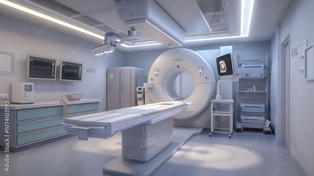 Modern medical imaging scanner in a bright, sterile hospital room with digital monitors Modern medical imaging scanner in a bright, sterile hospital room with digital monitors