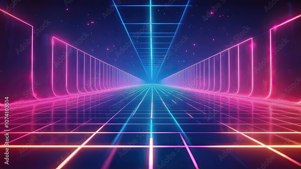 Futuristic Neon Grid Corridor with Pink and Blue Lights Futuristic Neon Grid Corridor with Pink and Blue Lights