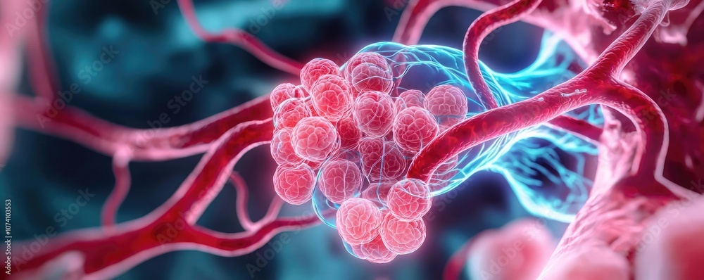 Abstract representation of cells and blood vessels in vibrant colors. Abstract representation of cells and blood vessels in vibrant colors.