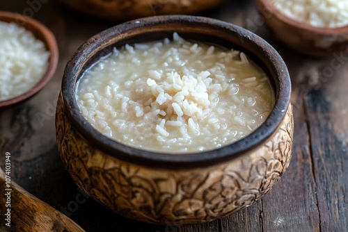 Overnight soaked boiled rice served with buttermilk for breakfast is known as palaya soru kanji in South India photo