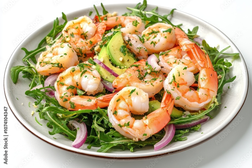 Prawn salad with shrimp arugula avocado red onion and almonds Healthy perspective Bird s eye view Prawn salad with shrimp arugula avocado red onion and almonds Healthy perspective Bird s eye view