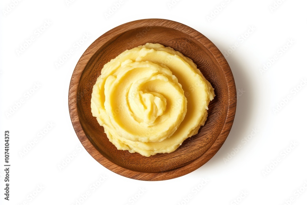 Pureed boiled potatoes and mashed potatoes on a wooden plate viewed from above against a white background Pureed boiled potatoes and mashed potatoes on a wooden plate viewed from above against a white background