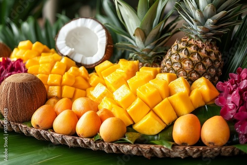 A tropical fruit display with mangoes, pineapples, and coconuts, creating an exotic and colorful presentation photo