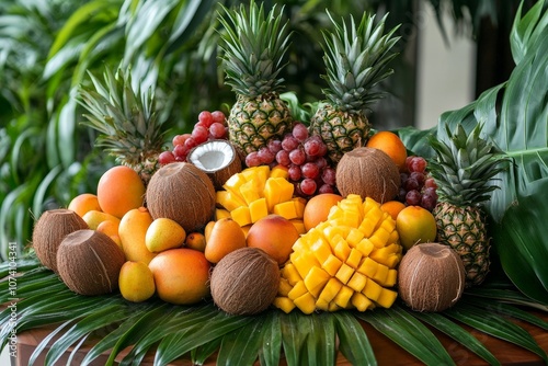 A tropical fruit display with mangoes, pineapples, and coconuts, creating an exotic and colorful presentation photo