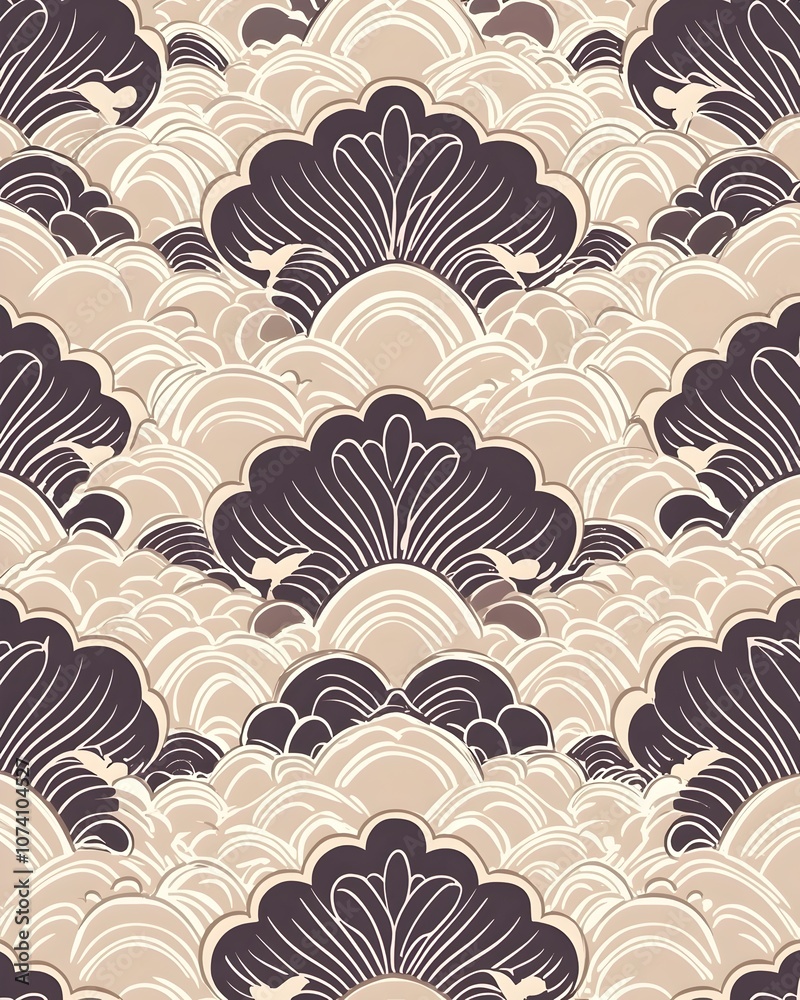 Elegant wave pattern design featuring layers of stylized clouds in cream and deep brown tones, creating a serene and sophisticated atmosphere ideal for textiles or wallpapers. Elegant wave pattern design featuring layers of stylized clouds in cream and deep brown tones, creating a serene and sophisticated atmosphere ideal for textiles or wallpapers.